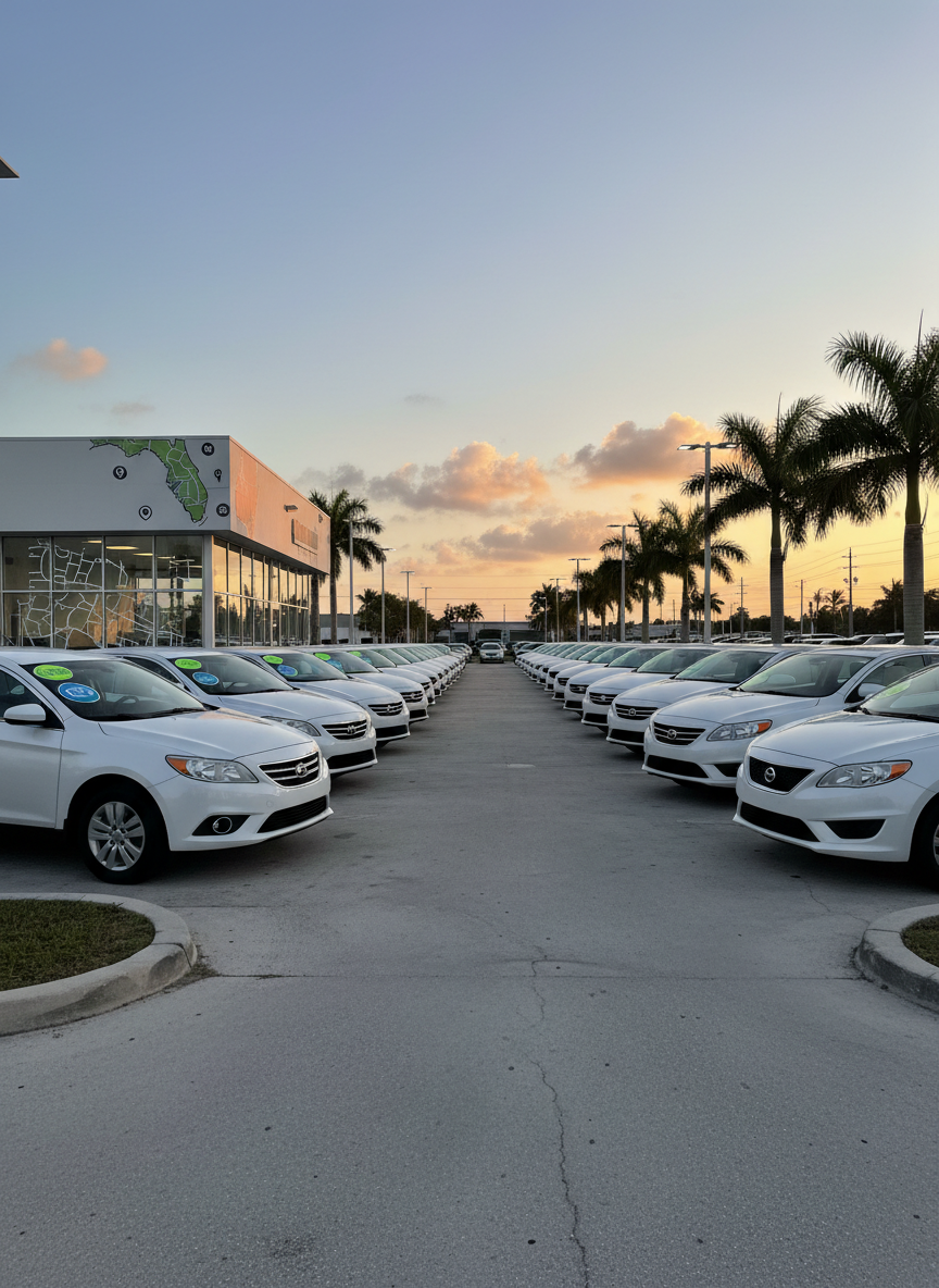 A polished used car lot specializing in reliable compact cars and family SUVs, arranged in two neat rows receding into the distance, each vehicle bearing a subtle color-coded badge for year, condition, and price range instead of text. The setting includes a low modern glass-front office with a stylized map graphic and communication icons on the window, hinting at address and contact options. The scene is bathed in warm late-afternoon South Florida light, with palm trees and a bright sky reflected in the vehicles’ windows. Photographic realism, shot from a low wide-angle corner of the lot to emphasize quantity, order, and professionalism, with a calm, inviting mood.