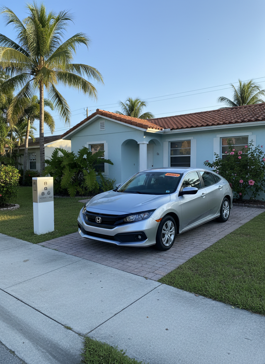 A South Florida neighborhood street scene showing a well-maintained used compact sedan parked in front of a tidy single-story home with tropical plants and a short driveway, illustrating how a purchased used car fits into daily life. The car’s windshield bears a small, colorful corner label hinting at an affordable price and recent model year, while a nearby mailbox has a minimalist panel with contact-style icons. Shot from across the street at a natural eye-level angle in soft late-morning sunlight, clear blue sky overhead, subtle palm trees in the background. Photographic realism with balanced composition, conveying local, approachable, and practical value.