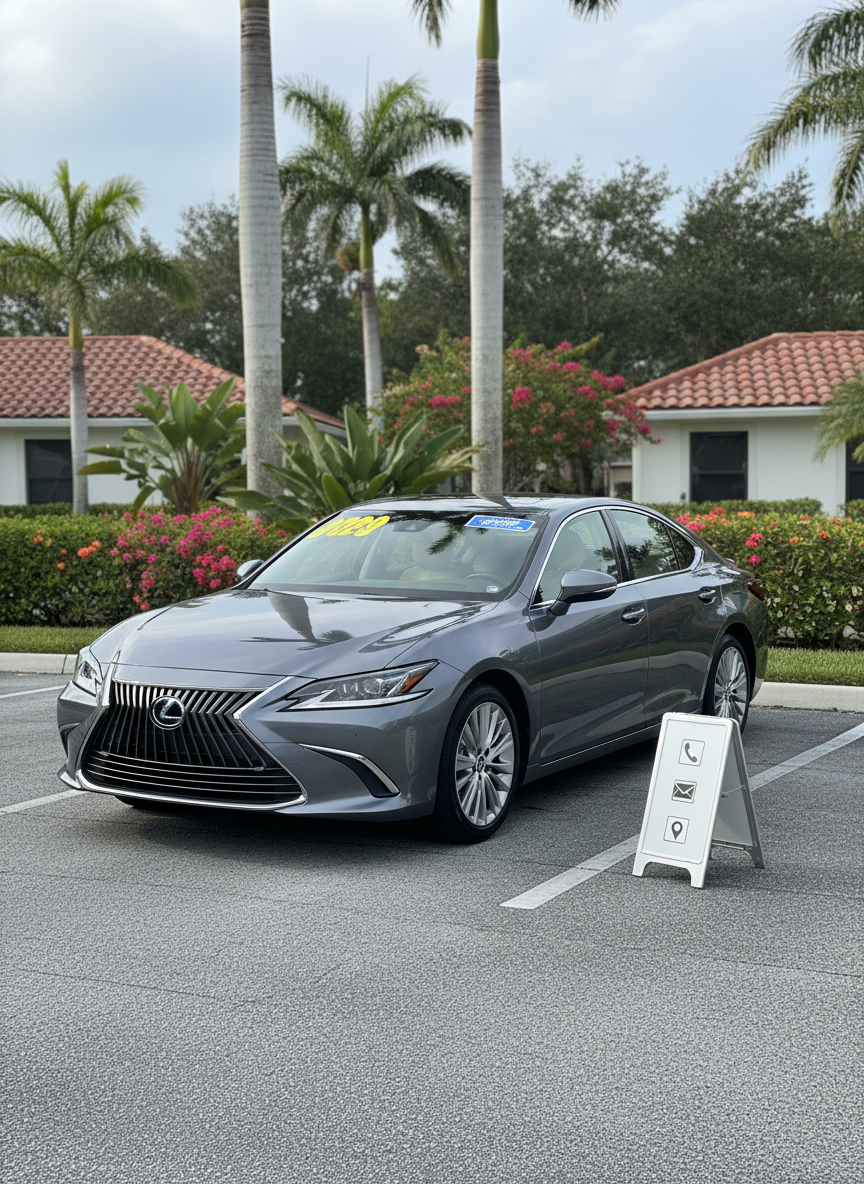 A single certified pre-owned mid-size sedan, dark metallic gray with a spotless exterior, is centered in a paved lot framed by tropical landscaping and low stucco buildings typical of South Florida. Discreet colored tags on the windshield denote year and price tiers, while a small freestanding sign beside the car uses simple icon shapes to imply phone, email, and location details. Captured from a slightly elevated front three-quarter angle with crisp photographic realism, under bright but slightly diffused mid-morning sunlight that creates clean reflections and soft shadows. The background is gently blurred to focus on the car, conveying reliability, professionalism, and value.