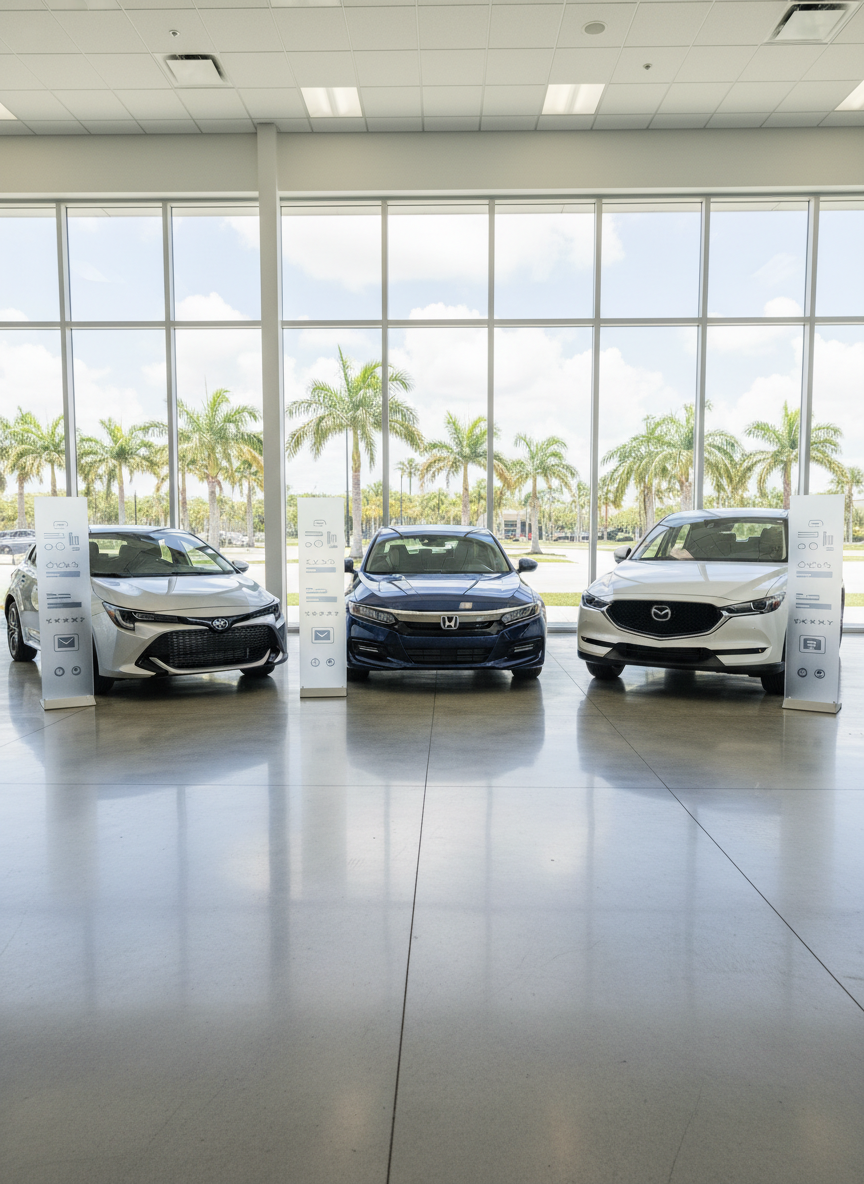 A professional interior showroom-style space with three carefully detailed used vehicles—a compact car, a mid-size sedan, and a small SUV—parked on spotless light-gray flooring, each with a sleek, minimal spec panel mounted beside it. The panels contain abstract bar blocks and symbols suggesting year, mileage, condition rating, and fair price, as well as small contact icons, all without legible text. Large windows reveal a hint of South Florida palms and bright sky outside. Soft, even studio-like lighting eliminates harsh shadows, highlighting the cars’ glossy finishes. Photographic realism, shot with a slightly wide lens and centered composition, evoking a clean, transparent, and professional buying experience.