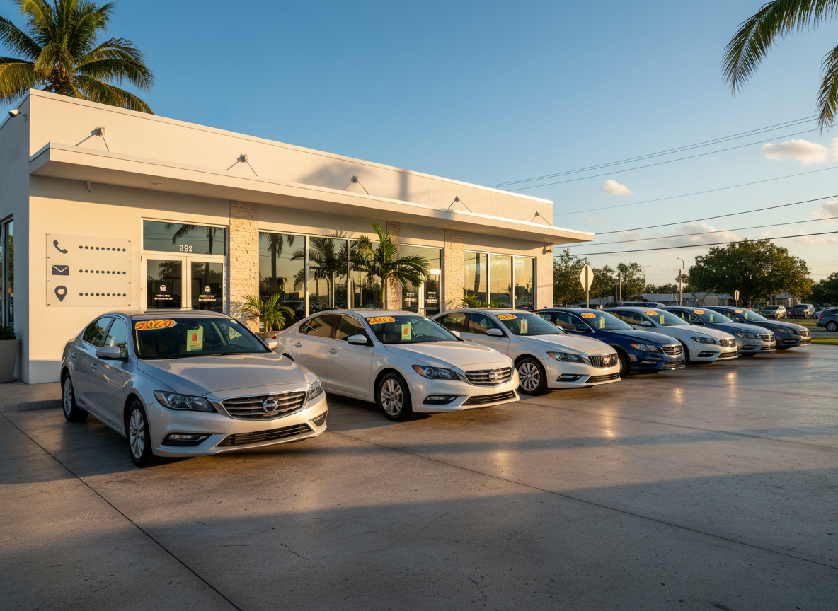 A clean, well-maintained lineup of late-model used sedans and SUVs in neutral colors like silver, white, and dark blue, parked neatly in front of a small, modern dealership building designed for South Florida. The cars show visible year labels in bright windshield tags and subtle price and condition markers as colored hangers from the mirrors, without readable text. A wall-mounted board near the entrance suggests contact phone, email, and address through icon-like shapes. Shot at eye level during golden hour with warm, natural sunlight, long soft shadows, and a clear blue sky with a few palm fronds at the top edge. Photographic realism, wide-angle composition, professional and trustworthy mood.