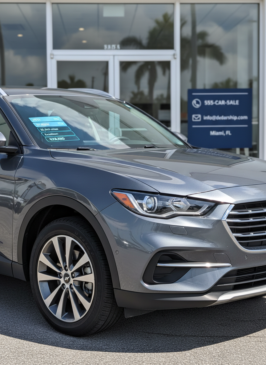A close-up, highly detailed view of a single used crossover SUV’s front side, showing flawless paint, clean alloy wheels, and clear headlights, with a small transparent sticker on the side window displaying abstract data blocks to suggest year, mileage, condition, and fair pricing. Behind the vehicle, the blurred facade of a dealership office features a large glass door and a simplified info panel with phone, email, and location icons. Captured at eye level in bright, clear South Florida daylight, with crisp reflections and natural shadows. Photographic realism with a shallow depth of field, emphasizing quality and careful inspection, creating a professional, trustworthy atmosphere.